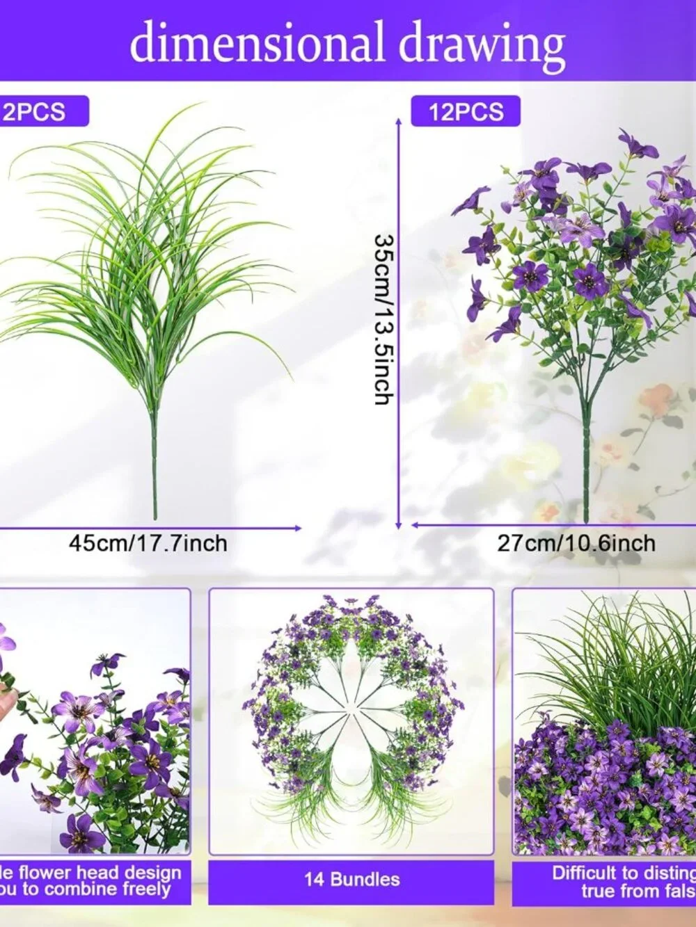 Homsunny Artificial Outdoor Flowers Purple with Wheat Grass  Patio/Porch Decor
